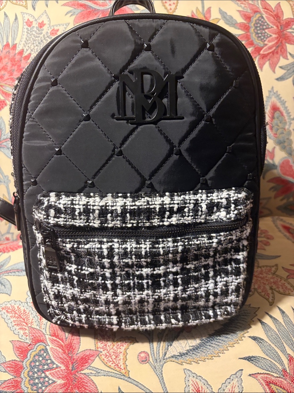 Bagley Mischka Black Quilted 12”x9”x4” Backpack w/Tweed Front Pocket MSRP $169